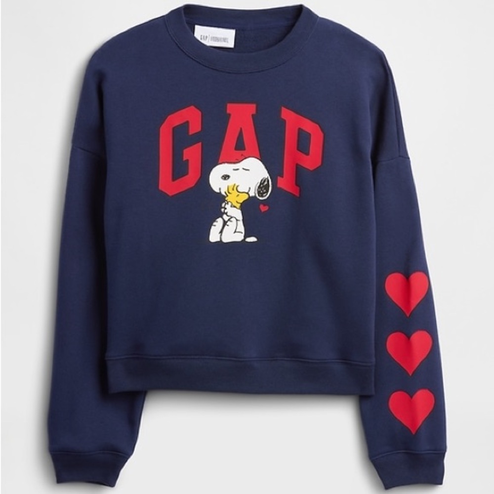 GAP x Peanuts Navy Crewneck Sweatshirt with Snoopy and Heart Accents